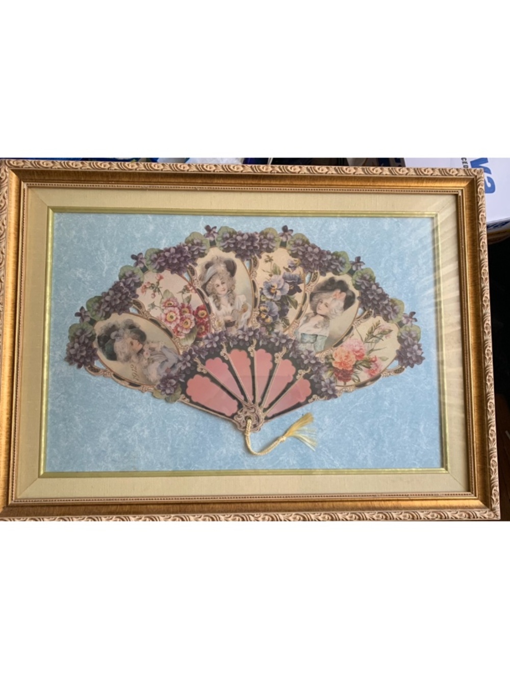Victorian Ladies Hand Fan Framed Vintage